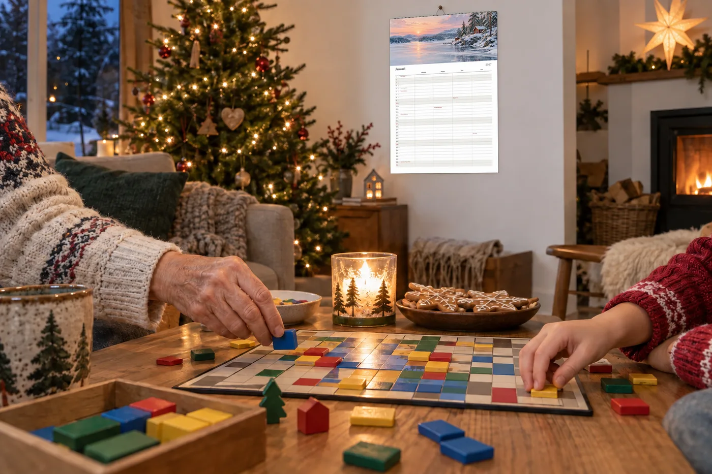 Familjekalender för 2027 på vardagsrumsväggen, med ett sällskapsspel på soffbordet i juletid