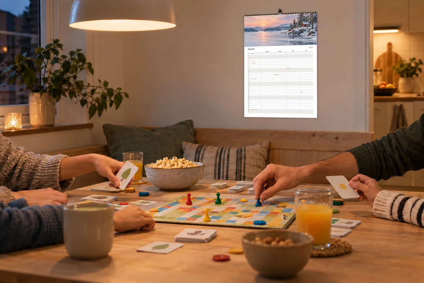 Spelkväll vid köksbordet med familjekalendern på väggen